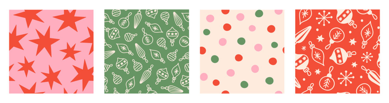 Festival christmas set seamless patterns with christmas balls, stars, polka dots and snowflakes. Green, red, pink and beige colors. Vector  hand drawn illustration
