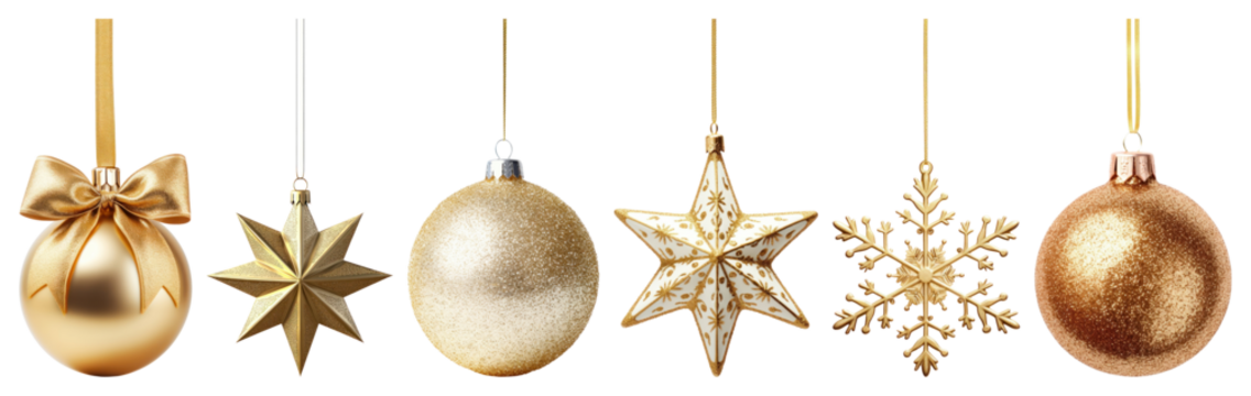 PNG Elegant gold Christmas ornaments displayed, element set on transparent background