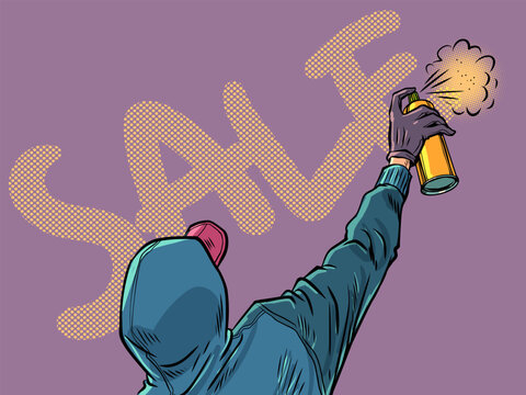 Pop Art Retro A man in a cap and a sweater sprays a can of paint. The appearance of advantageous offers, discounts and promotions, sales. Advertising of small prices for customers.