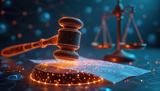 数字法槌敲击虚拟破产文件。未来科技法庭场景呈现正义之秤。在线法律、数字正义、网络执法系统概念。现代抽象插画。