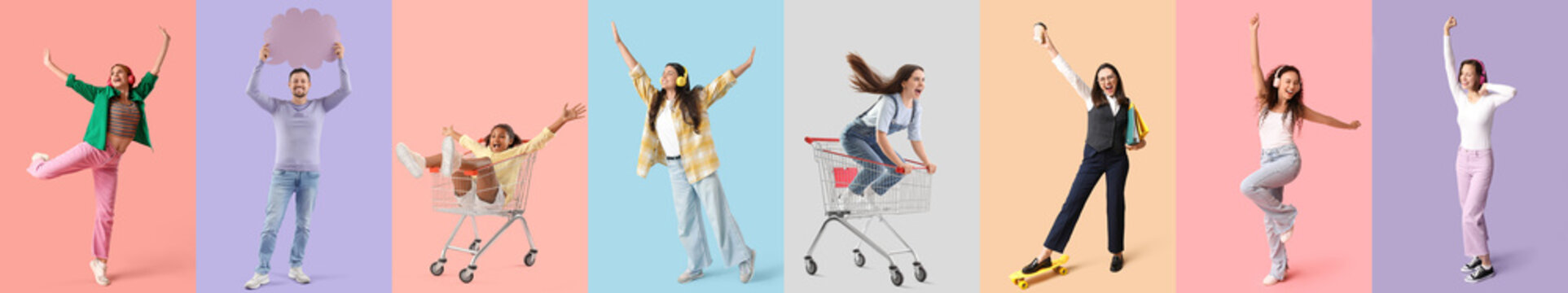 彩色背景下快乐的年轻人拼贴画