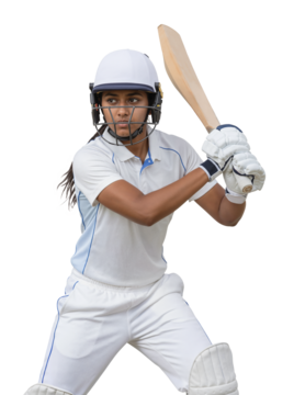 身穿白色队服的女板球运动员，球棒举起，专注于比赛