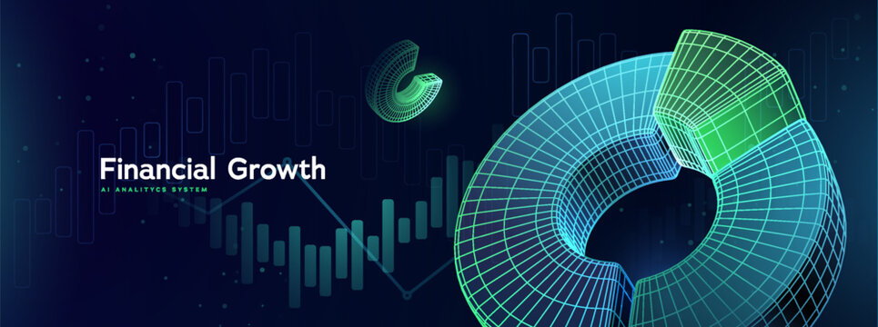 商业数据分析：含未来感3D分析饼图与数字数据网格的财务增长图表——财务图表、营销、股市矢量插画