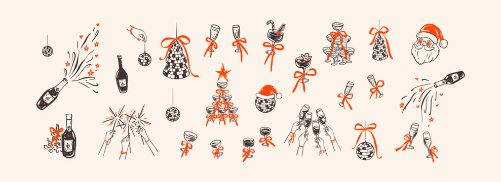 圣诞快乐与新年快乐奇趣手绘蜡笔涂鸦设计元素：古怪有趣的圣诞老人、圣诞庆祝迪斯科派对、娇俏鸡尾酒与香槟蝴蝶结玻璃塔