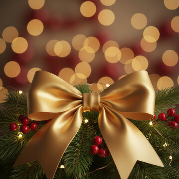 Elegant gold satin bow on a Christmas tree branch with soft holiday bokeh lights in the background. Festive decoration, warm holiday atmosphere, and classic Christmas styling.
