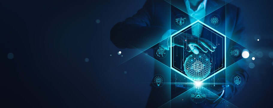 Ai technology and network of business, Businessman management and control Ai Artificial Intelligence on data global networking. Data Science, Cloud computing and big data digital for future.