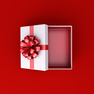 空白白色长方形礼品盒样机：打开或俯视视角的白色礼物盒产品展示框架，系红色蝴蝶结，于深红色背景隔离并带阴影，概念3D渲染