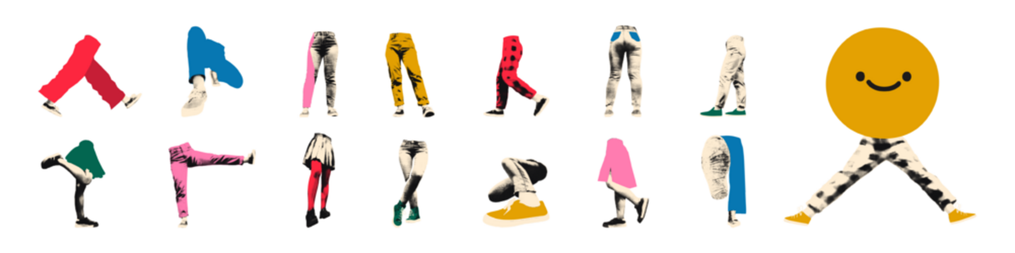 行走、坐姿、站姿的腿部（着牛仔裤、裙子与运动鞋）半色调艺术拼贴剪纸套装：含多种剪纸、带涂鸦的趣味贴纸，现代复古混合媒介矢量插画