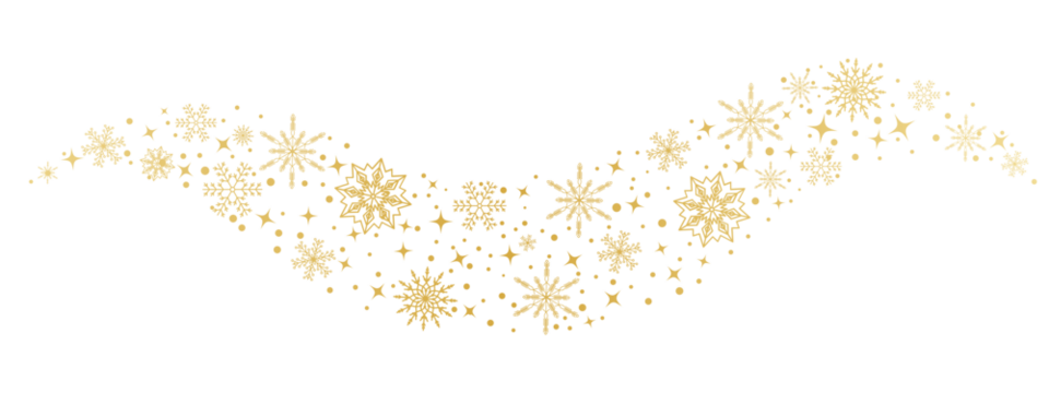 金色雪花旋流边框。带星星和闪亮圆点的圣诞波浪装饰，适用于节日横幅、邀请函及冬季装饰项目。矢量设计。