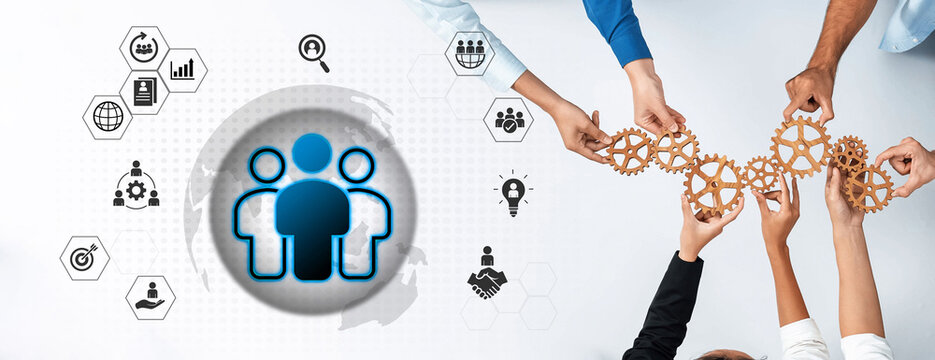 被代表人力资源数据分析、员工管理和招聘分析的商业图标环绕的发光人形