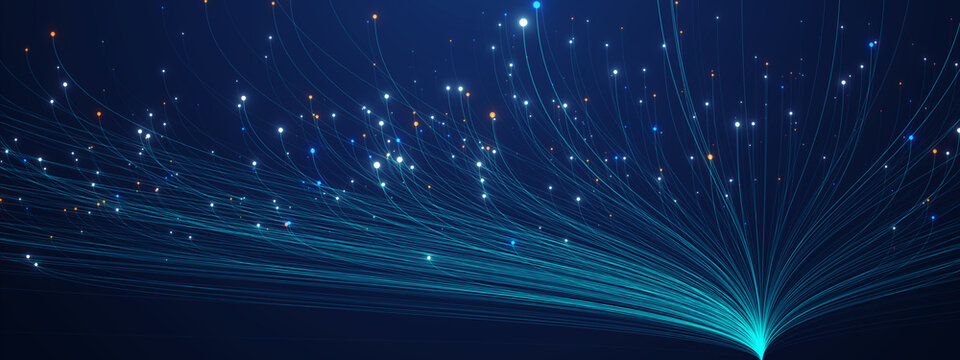Glowing fiber-optic inspired data flow bursting outward, representing high-speed communication, big data transfer, AI networks, and advanced digital connectivity. 