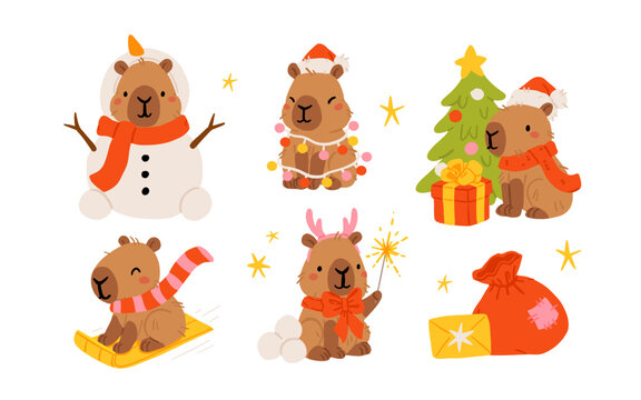 一套可爱圣诞水豚：摆出不同姿势并搭配冬季物品，手绘卡通扁平化矢量风格，适用于设计、儿童系列、贴纸的节日季节性装饰