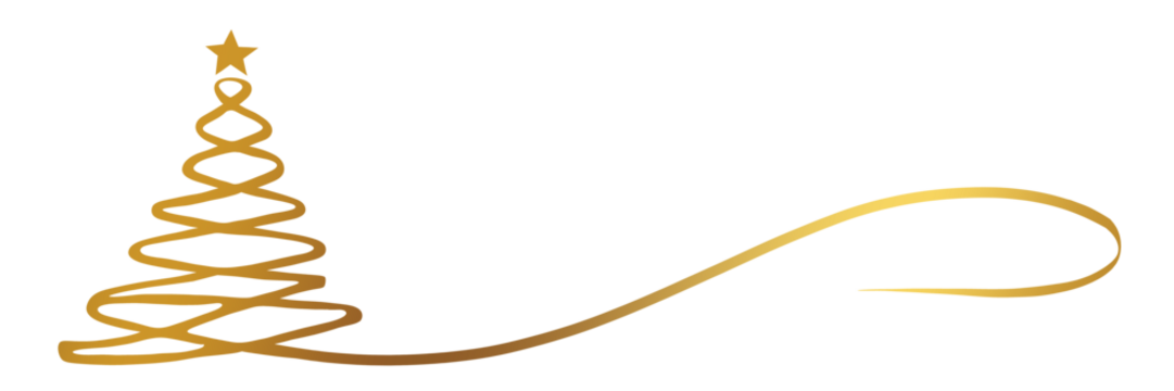 插画：单线条艺术风格的金色圣诞树，白底或透明PNG格式的卡通装饰模板