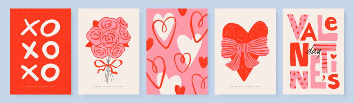 时尚情人节贺卡：含手绘爱心、玫瑰、蝴蝶结及字体设计，现代风格搭配随性插画与颗粒质感的矢量素材