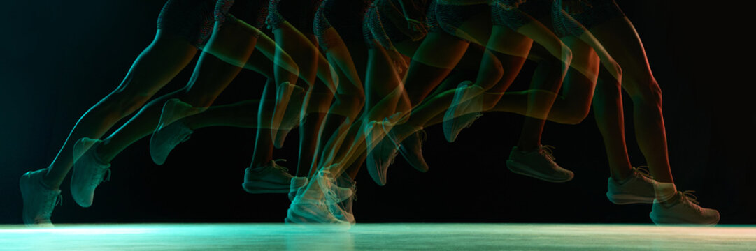 动态跑步者多色霓虹渐变运动轨迹横幅：速度分析、运动技术研究、性能追踪及充满动能的现代运动科学视觉概念