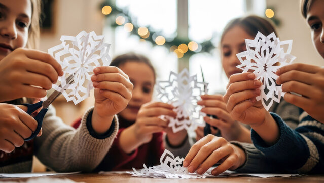 一群孩子围坐在桌旁剪纸雪花，背景些许模糊；温暖闪烁的节日灯光营造出充满创意、协作与家庭欢乐的冬日节庆氛围。