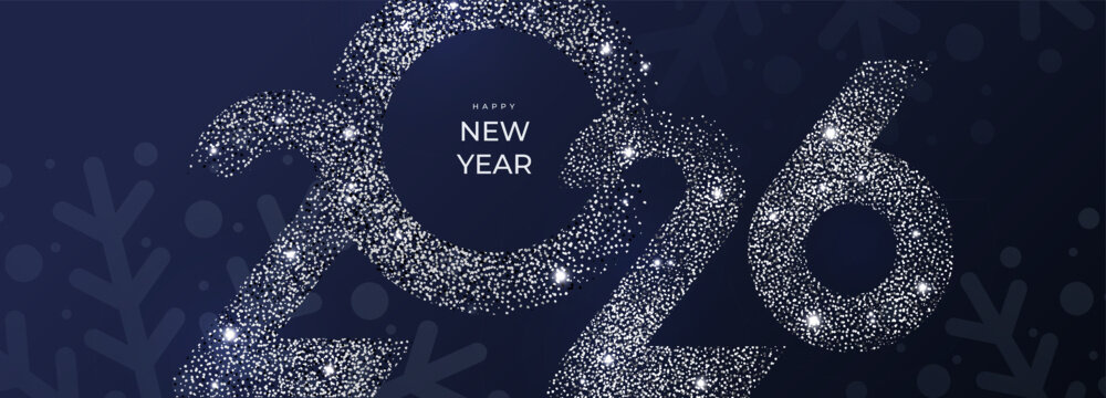Happy New Year 2026 beautiful sparkling design of numbers on dark blue background with big snowflakes and shining falling snow. Modern winter banner, poster or greeting card template.