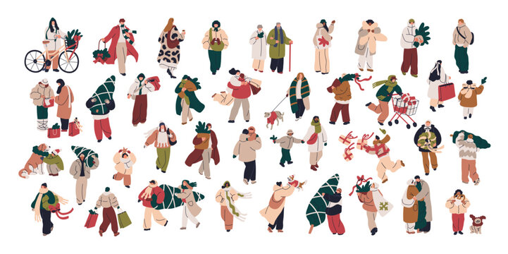 冬日假期户外行走的迷你小人：街上的圣诞角色，携带礼物、购物袋、圣诞树的男男女女及狗狗和孩子——白色背景上的扁平化矢量插画