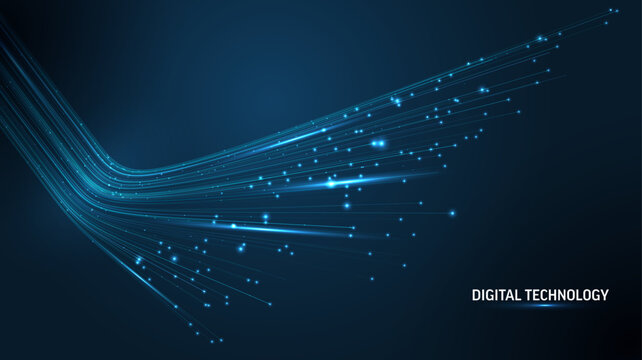 3D高速光轨。数字流矢量背景。大数据技术线条快速无线数据传输。虚拟现实中的信息。6G矢量插画。人工神经网络