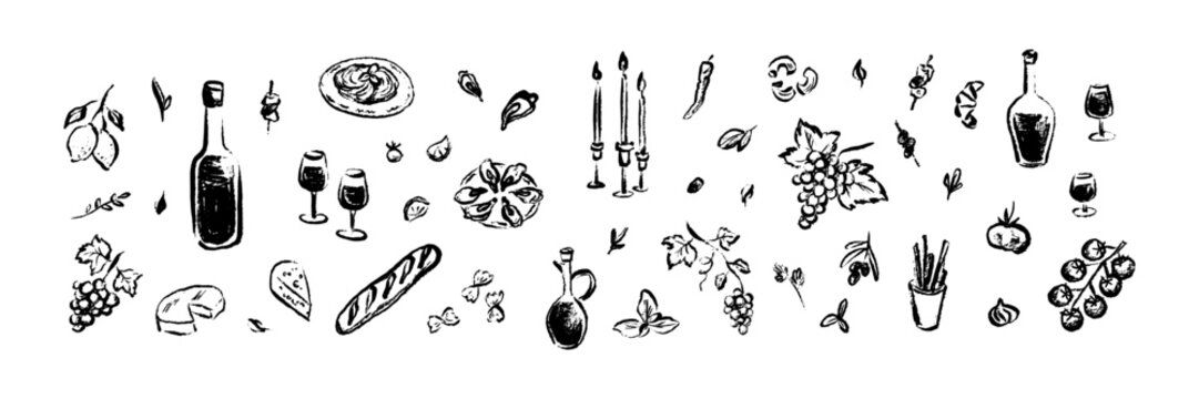 木炭、蜡笔、粉笔涂鸦手绘法意希美食与酒具套装，写意手绘笔触餐饮图标，复古餐厅及塔帕斯菜单背景