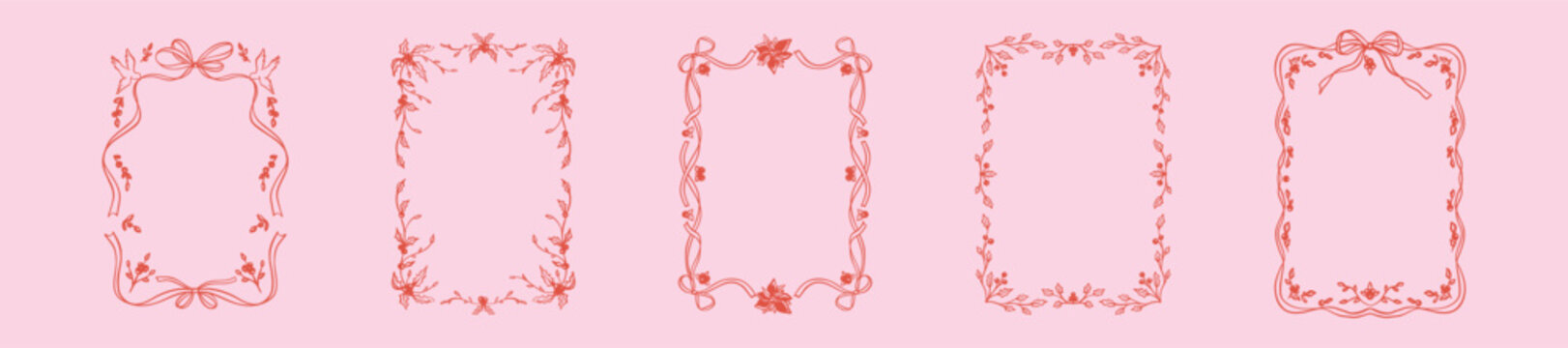 一套奇趣手绘涂鸦蜡笔风格的圣诞新年快乐娇俏粉色边框（含蝴蝶结丝带、一品红、槲寄生、冬青）：复古维多利亚巴黎风矩形边框