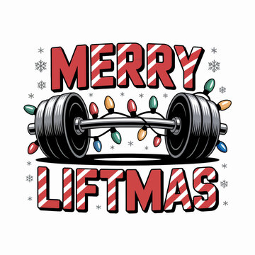 杠铃上装饰着色彩缤纷的圣诞灯，‘圣诞举铁快乐’（Merry Liftmas）字样以喜庆的红白配色醒目呈现