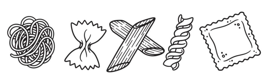 Collection of five different pasta shapes, including spaghetti, farfalle, penne, fusilli, and ravioli, depicted in a minimalist black outline doodle illustration style