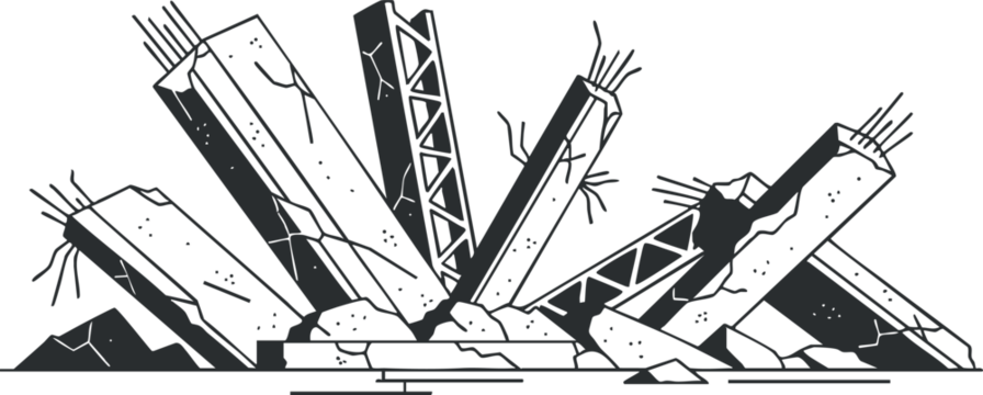A collection of concrete debris and wreckage in black and white vector style, suitable for construction and demolition themes