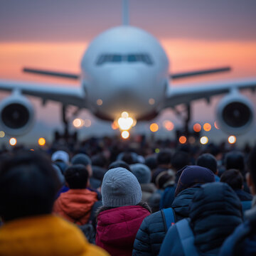 Menschenmenge von Migranten oder Flüchtlingen vor Flugzeug auf Rollfeld
