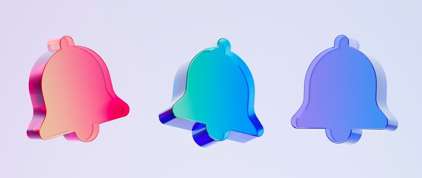 Set of 3D bell icons, colorful gradient glass like icon, ideal for graphic design, UI/UX interfaces, presentations, and modern backgrounds, 3d render illustration.

