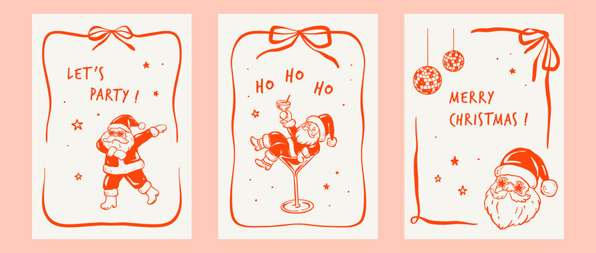 圣诞快乐与新年快乐 娇媚奇趣贺卡、海报及设计：古怪时髦的圣诞老人身处鸡尾酒杯中，于迪斯科单身派对上跳舞，搭配蝴蝶结丝带矩形边框