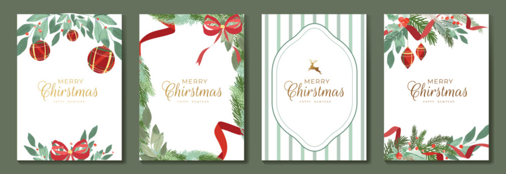 奶油色与红色复古风格圣诞贺卡矢量插画，含新年快乐与节日快乐字样，饰有丝带、装饰品、冬青叶及松枝