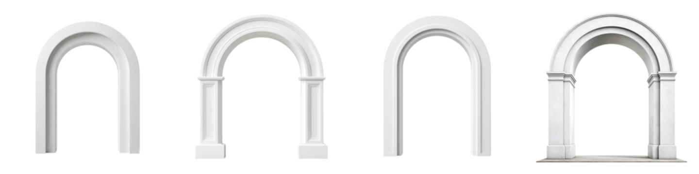Four decorative arched doorways and door frames in a variety of styles with architectural elements, white on white background, isolated design