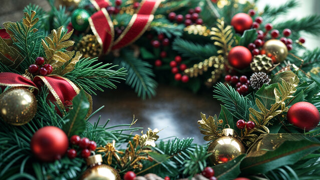 带有红色和金色装饰及常青树枝的节日圣诞花环