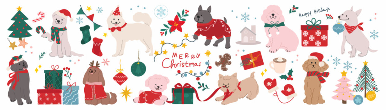 Cute Christmas and Happy New Year dog element vector illustration with winter outfits, holiday ornaments, gifts, poinsettia flowers, snowflakes, Christmas trees and playful festive decorations. Suitab