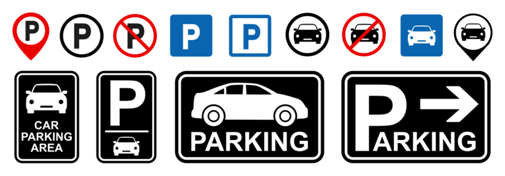 Car parking icon set, car parking area, no parking signs