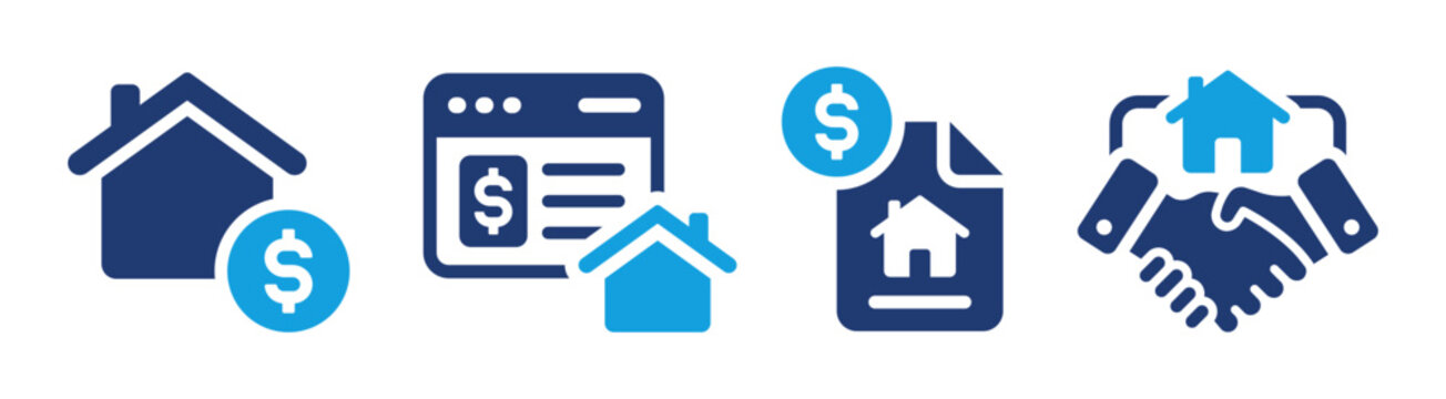 House for sale and home for rent icons. Buy property, online listing and lease agreement vector symbols.