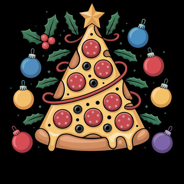 一款奇特的设计：将披萨片摆成圣诞树形状，装饰有节日饰品与冬青叶