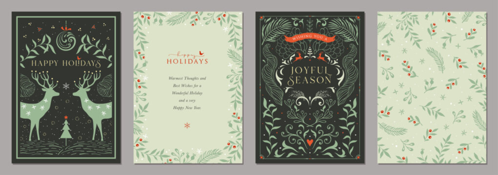 Winter Woodland Luxury Holiday cards. Christmas templates with decorative Christmas tree, ornate elements, reindeers, floral backgrounds and frames with copy space and greetings.