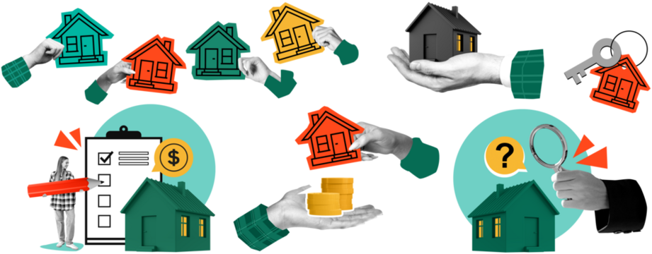 拼贴风格的彩色房屋图标，含手、清单、硬币、放大镜和钥匙元素，置于纯白色隔离背景上，象征房地产概念