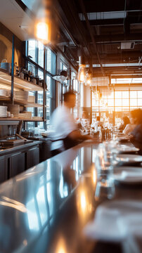 Modern restaurant interior with warm lighting and blurred motion of a chef at work.
