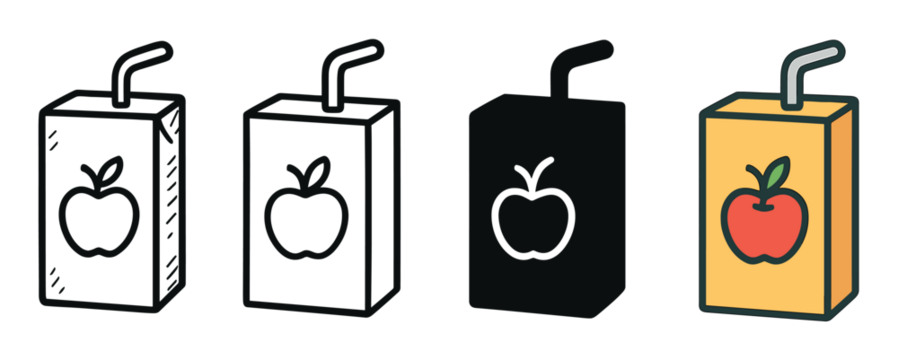 Four apple juice box vector icons presented in a set with different graphic styles, including a simple outline, a solid glyph, a doodle, and a full color cartoon version