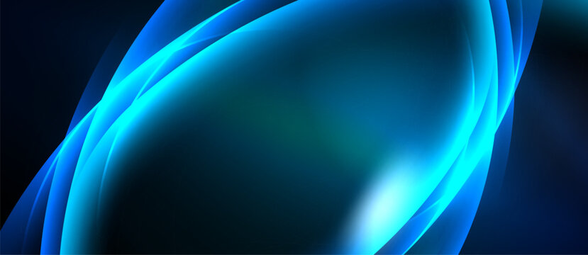 Abstract blue waves, flowing curves, dark background. Smooth gradients create dynamic visual effect. Light source emanates from center.