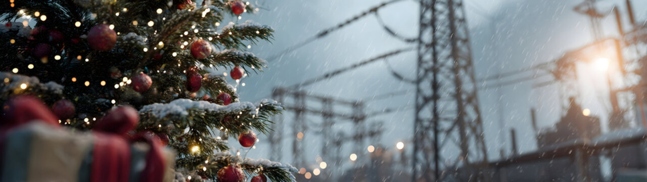 Christmas tree with gifts on snowy ground, electricity substation with poles, wires, insulators and sparks in background, concept of electricity provision and supply during Christmas time.