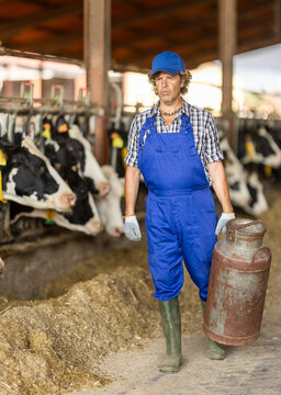 Hardworking middle-aged male farmer carrying metal milk tank at dairy facility