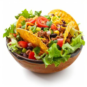 Delicious taco salad featuring crispy tortilla chips, seasoned ground beef, cheese, black beans, corn, tomatoes, onions, lettuce and spices