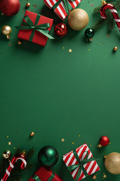 Vibrant vertical holiday scene featuring red and striped gifts, gold and green ornaments, ribbons, and festive accents ready for Christmas and New Year celebrations